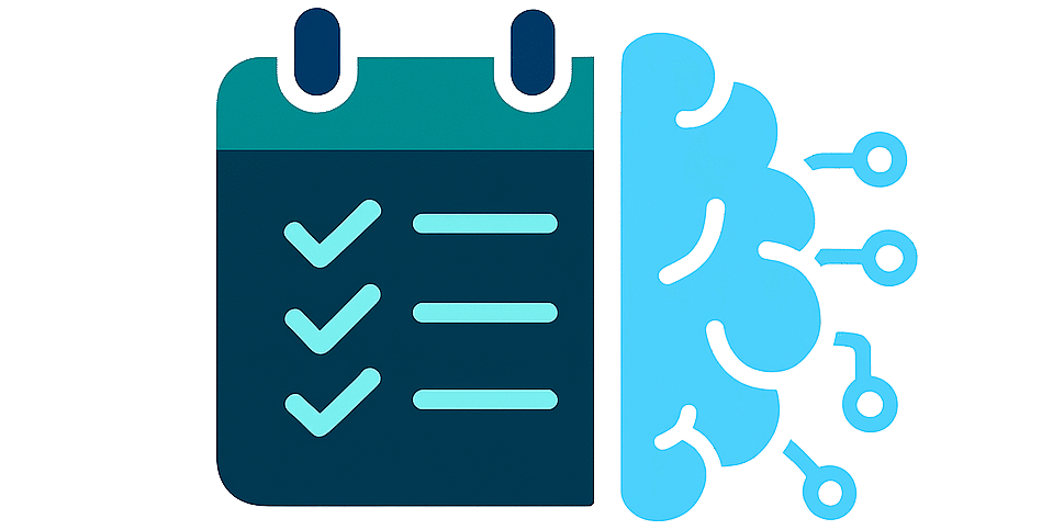 Icono del logotipo ProductividadAI con calendario y cerebro de IA en fondo blanco